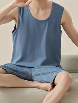 Set de pijama de 2 piezas con chaleco liso y pantalón corto con estampado de letra casual y holgado para hombres, para primavera y verano - Shein - FashionsVida