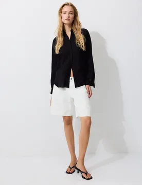 Fließendes Hemd mit Leinen-Effekt Schwarz L - Stradivarius - FashionsVida