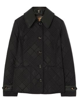 Quilted Lightweight Nylon Button-Down Jacket with Detachable Leather Collar