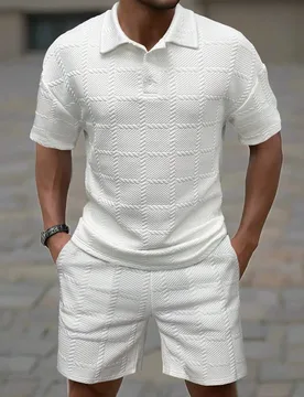Conjunto de camisa polo de manga corta y pantalones cortos de unicolor casual de verano para hombres (irregular) - Shein - FashionsVida