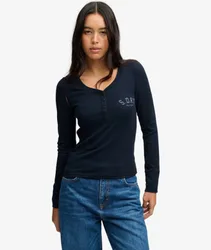 Superdry Damen Athletic Langarmshirt mit Knopfleiste Navy - Größe: 36