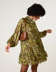 High Neck Frill Hem Dress - M/L / BROWN - female