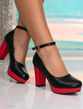Zapatos de tacón alto y plataforma de moda para mujer, bombas de tacón grueso y punta redonda, rojo y negro, adecuados para todas las estaciones, el - Shein - FashionsVida