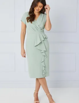 Womens Tailored Crepe Ruffle Pencil Dress - Sage Green - Size 18 Uk - Wallis - FashionsVida