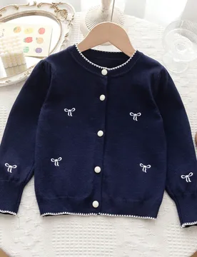 Chaqueta de punto tipo cárdigan con cuello Peter Pan para niñas jóvenes, manga larga, estilo lindo - Shein - FashionsVida