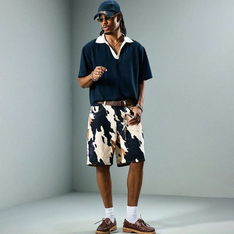 Pantalones cortos vaqueros casuales de hombre con parches y bolsillo con botón, versátiles para uso diario