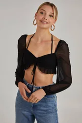 Long Sleeve Halterneck Crop Top - Black - Size: 14