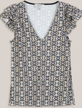 Camiseta de mujer con cuello pico y volantes en las mangas - Trucco - FashionsVida