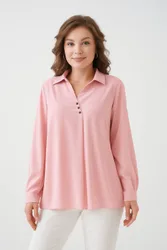 Relaxed Fit V-Neck Long Sleeves Blouse - Pink - Size: 12-14