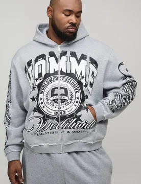 Men's Plus Oversized Boxy Raw Seam Zip Through Gothic Varsity Print Hoodie Grey Marl Size 4X-Large Grey Marl 4XL - boohooMAN - FashionsVida