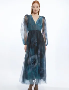 Womens Blurred Floral Tulle Plunge Maxi Dress - Size 8 Uk - Karen millen - FashionsVida
