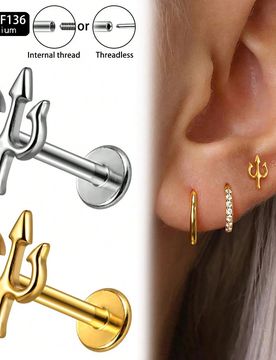 Pieza Joyería de perforación de titanio ASTM F136 con tridente, labret, cartílago, trago, hélix, 16G, rook, medusa, espalda plana, estilo gótico