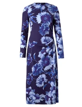 Printed Blue Jersey Midi Dress - Erdem - FashionsVida