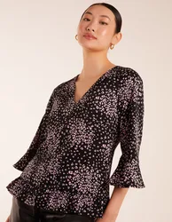 Button Front V Neck Flounce Blouse - 8 / BLACK - female