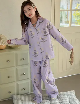 Conjunto de pijama de pantalón y blusa de manga larga con botones y bolsillo con estampado floral para niña preadolescente, primavera - Shein - FashionsVida