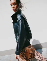 Faux Leather Funnel Neck Bomber Jacket Black female