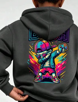 Sudadera tipo pullover para niños con estampado de controlador de juegos dabbing y dibujos animados en la espalda, estampado de letras de graffiti hi - Shein - FashionsVida