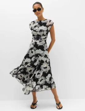 Mesh Floral Ruched Midi Waisted Dress Black Mix female - M&S - FashionsVida