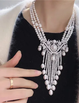 HIBRIDE Bling CZ White Color Geometric Design Long Tassel Pearl Necklace Pendant for Women Bridal Engagement Party Gifts N-800 - Aliexpress - FashionsVida
