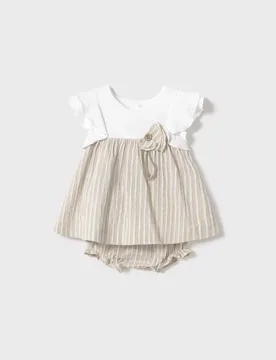 Abitino a righe beige e bianche con rouches e coulotte abbinata - Mayoral - FashionsVida