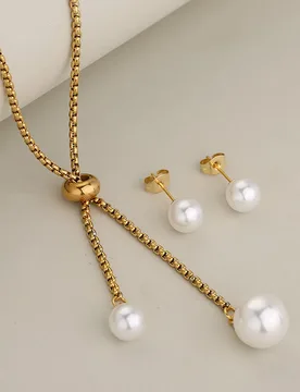 Simple & Exquisite Round Pearl Adjustable Square Pearl Pull Necklace Earrings Stainless Steel Set for Women, Daily All-Match - Aliexpress - FashionsVida