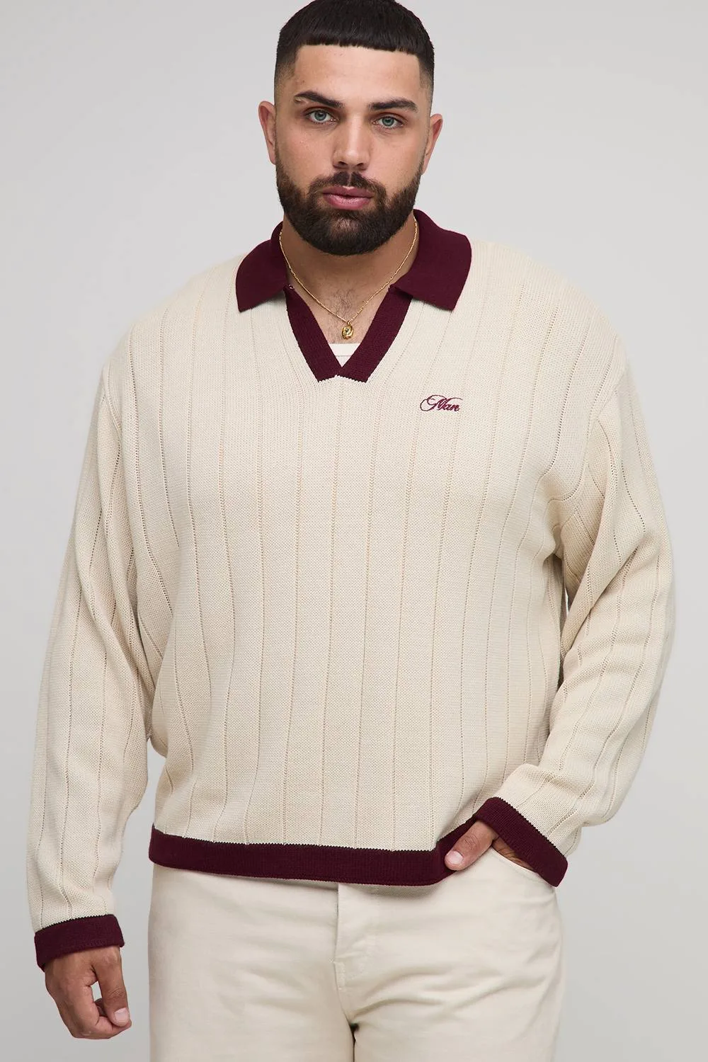 Herren Plus Oversized Retro Football Strickpullover Ecru Größe 2XL - boohooMAN - FashionsVida