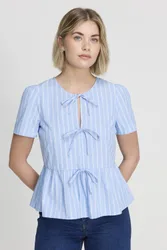 Women's Bridie Stripe Cotton Tie Front Top in Baby Blue Size: 14 - Baby Blue - Size: 14