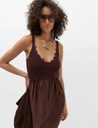 Textured Lace Detail Mini Knitted Dress Chocolate female