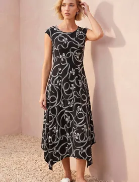Women's Bow Print Hanky Hem Maxi Dress in Black Size: 16 - Black - Size: 16 - Roman - FashionsVida