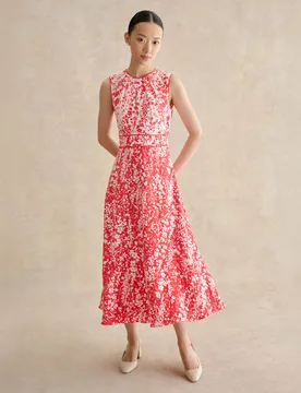 Floral Tie Waist Midi Waisted Dress Red Mix female - Hobbs - FashionsVida