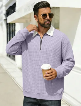 Men's button-down half-zip waffle long-sleeved shirt, loose color-matched casual hoodie, daily commuting long-sleeved T-shirt - Aliexpress - FashionsVida
