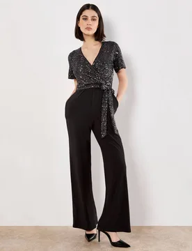 Women's Chevron Sequin Wide Leg Jumpsuit in Dark Grey Size: 10 - Dark Grey - Size: 10 - Apricot - FashionsVida