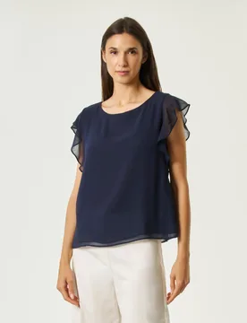 Blusa blu in georgette con maniche ad aletta con volant e scollo rotondo - Emme Marella - FashionsVida