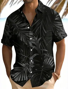 Camisa de manga corta holgada y ligera para hombre talla grande con estampado digital de hojas de plantas hawaianas y flores y bolsillo - Shein - FashionsVida