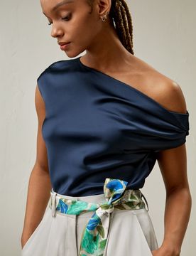 Top Soie Top À Une Épaule, Collier Bénitier 100 % Soie Charmeuse Léger Et Résistant Aux Rides 46