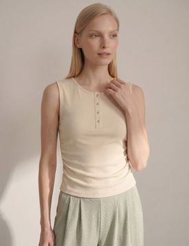 Blusa a coste senza maniche con bottoni in misto viscosa - giallo chiaro