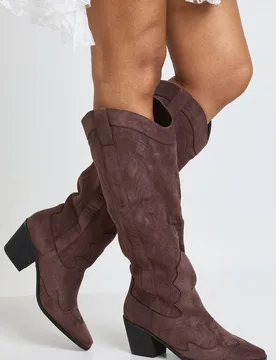 Womens Wide Fit Knee High Embroidered Heeled Western Cowboy Boots - Chocolate - Size 7 Wide Fit (Uk Shoe) - Boohoo - FashionsVida