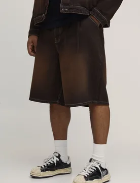 Mens Plus Tinted Washed Pleat Front Parachute Longline Denim Jorts - Dark Brown Cotton - Size 38 Regular - boohooMAN - FashionsVida