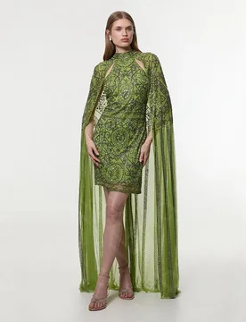 Customized Gorgeous Green Evening Dresses 2025 Prom Gowns Luxury Crystal Beaded Wedding Guest Dresses with Cape High Neck - Aliexpress - FashionsVida