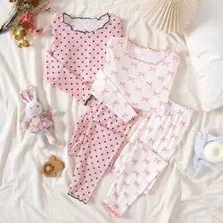 Conjunto de pijama suave y cómodo para niñas preadolescentes con lazo rosa y estampado de lunares negros, top de manga larga y pantalones, ropa de h