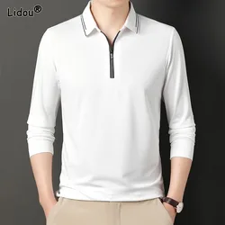 Men's 2023 Autumn and Winter Pullover Turndown Collar Patchwork Zipper Fashion Solid Color Loose Commuter Long Sleeved Tops