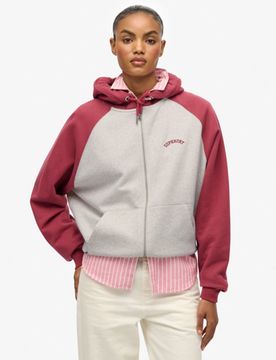 Superdry Damen Baumwolle Gesticktes Logo Essential Raglan Kapuzenpullover Mit Reißverschluss, Weiß & Burgunderrot - Größe: 42
