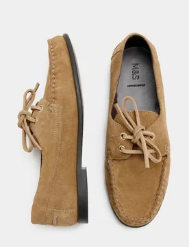 Suede Lace Up Flat Boat Shoes Sand female - M&S - FashionsVida