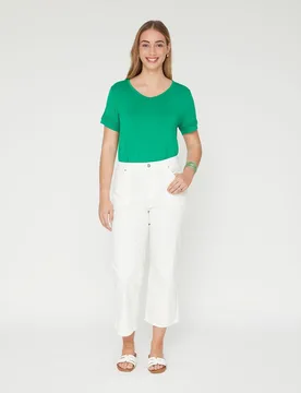 Pantalones rectos de mujer bolsillos patch y puntilla en bajo - October - FashionsVida