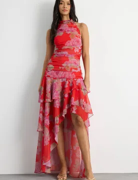 Women's Floral Print Halterneck Asymmetric Hem Ruffle Dress in Red Size: 16 - Red - Size: 16 - Warehouse - FashionsVida