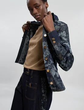 Women's Jacquard Denim Contrast Collar & Cuff Shirt in Dark Blue Size: 16 - Dark Blue - Size: 16 - Karen millen - FashionsVida