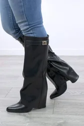 Women's High Block Heel Pointed Toe Skirted Knee High Boots in Black Size: 4 - Black - Size: 4