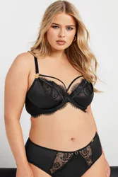 Women's Lace Strap Detail Satin Underwired Bra in Black Size: 46D - Black - Size: 46D