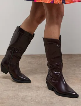 Women's Louise Faux Leather Stitch Detail Western Knee Boots in Cherry Size: 8 - Cherry - Size: 8 - OASIS - FashionsVida