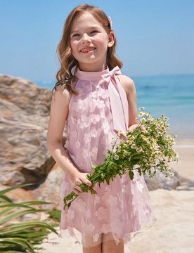 Vestido Informal Holgado Con Cuello Alto Y Malla Floral Para Niña Jovencita
